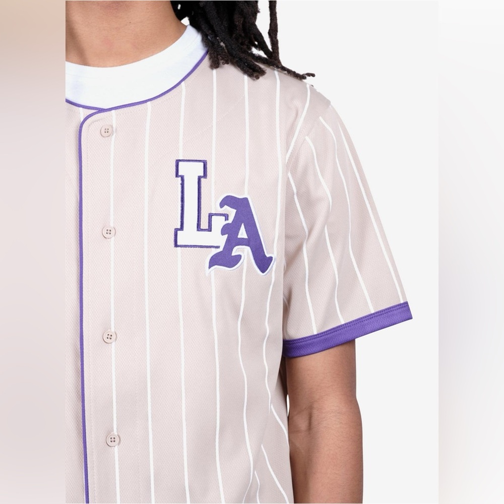 Beige and Purple Striped Baseball Jersey